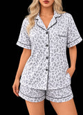 Women's Grey Leopard print Pajama set Short sleeve Button top and shorts